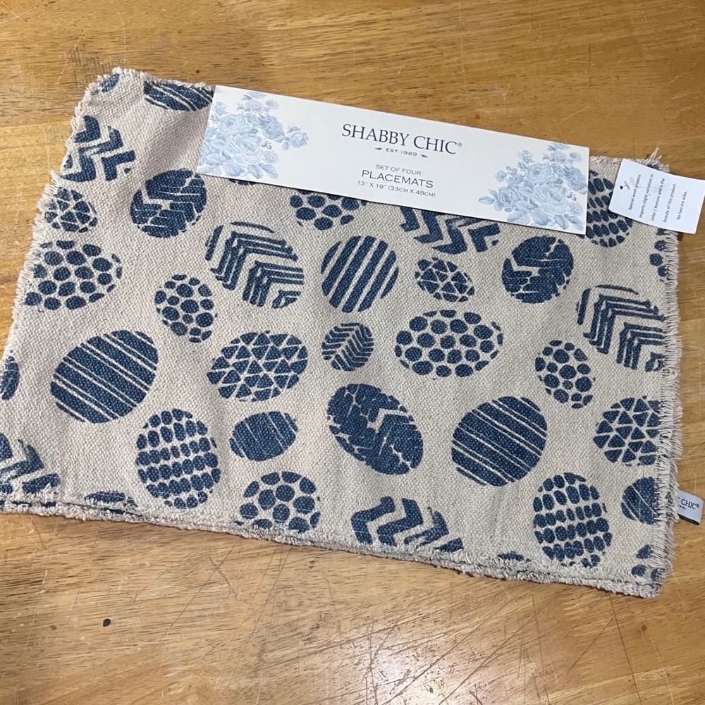 Shabby Chic Set of 4 Placemats Blue Beige Geometric Egg Pattern Farmhouse 13x19